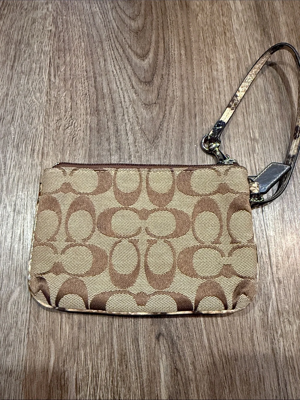 Coach Python Signature Canvas Snakeskin Brown Mini Wristlet- Zip
